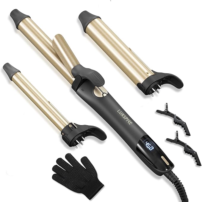 Rotating Curling Iron, 3 in 1 Automatic Curling Iron Set with Interchangeable Barrel 3/4, 1, 1 1/4 Inch, Instant Heat Dual Voltage Curling Wand for Lasting Beach Waves, Gold