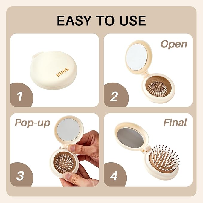 RHOS Compact Foldable Hair Brush with Mirror for Women, Men & Kids - Small Pocket & Portable Travel Brush (Beige)