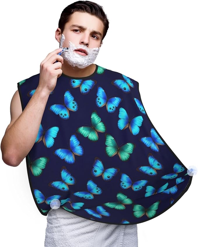 Beard Shaving Cape with Suction Cups, Blue Butterfly Beautiful Butterflies Shave Bib, Non-Stick Waterproof Hair Catcher, Grooming Bib for Men Husband