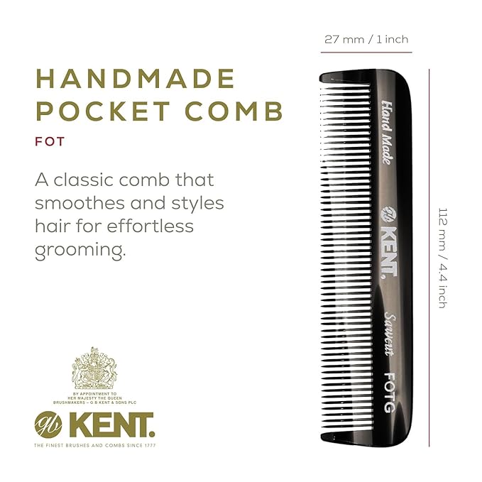 Kent FOT Black Graphite Fine Tooth Comb for Men - Handmade Pocket Comb for Travel, Styling, Fine or Thinning Hair, Mustache and Beard Care Handpolished Saw-Cut Made in England