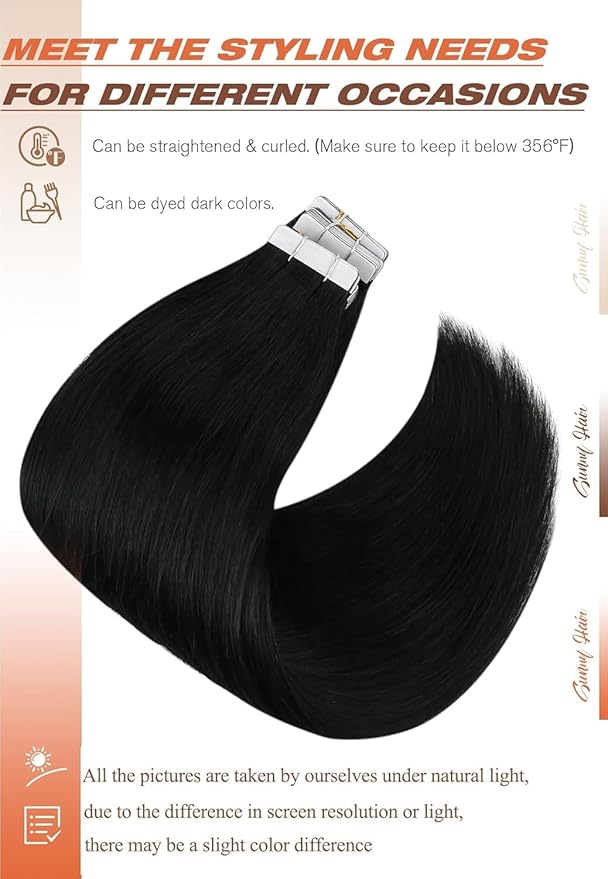 Sunny Hair Tape in Hair Extensions Human Hair 16inch Hair Extensions Real Human Hair Tape in Extensions for Women Jet Black Invisible Remy Hair Natural Straight Skin Weft Double Sided Tapes 20Pcs 50g