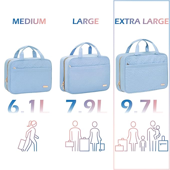 NISHEL Travel Toiletry Bag for women, Portable Hanging Organizer for Family-Sized Shampoo, Conditioner, Brushes Set, Makeup Accessories, Extra Large Size, Placid-Blue