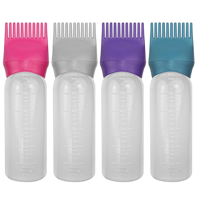 ELANE 4 Pack Hair Oiler Comb Bottle,Root Comb Applicator Bottle for Hair Oil Scalp Hair Oiling Applicator(Grey+Purple+Red+Green)