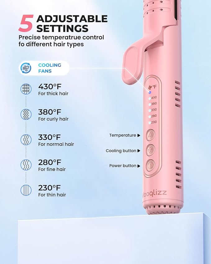 Airflow Styler Curling Iron, Hair Straightener and Curler 2 in 1 with 360°Cooling Vents Dual Voltage Adjustable Temp, Rose Pink