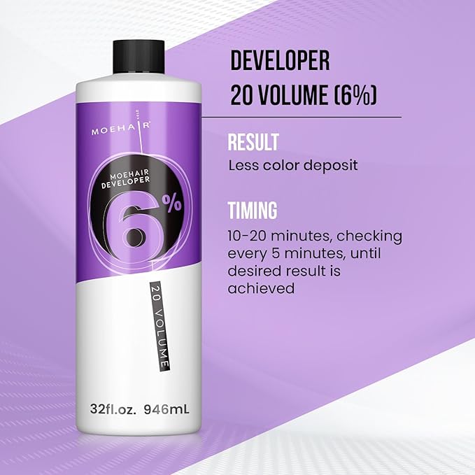 MOEHAIR Hair Color Developer 6% Hydrogen Peroxide | 20 Volume Cream Developer for Hair Coloring and Bleaching | Suitable for Covering Grays | Salon-Grade | Paraben-Free - 32 Fl. Oz (Pack of 2)