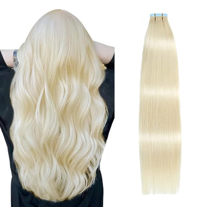 SUYYA Tape in Hair Extensions Human Hair Platinum Blonde 20 Inch 50g/pack 20pcs Straight Seamless Skin Weft Tape in Real Human Hair Extensions(20 inch #60)