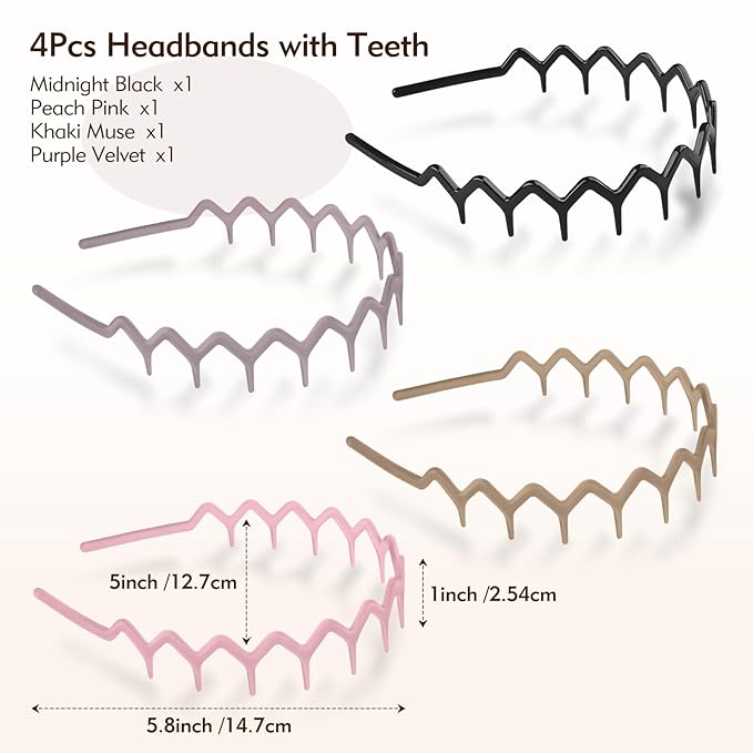 Zig Zag Headbands - 4Pcs Non Slip Comb Headband with Teeth for Women Classic Wavy Claw Headband for Men‘s Women's Hair Fashion Hair Accessories