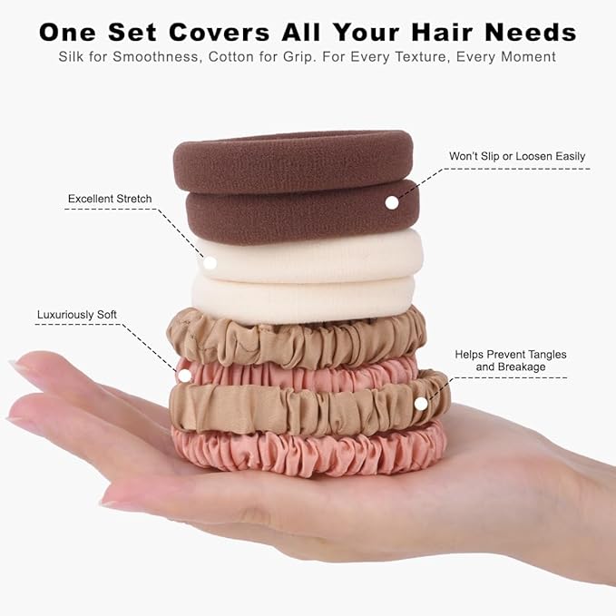 8PCS Silk Scrunchies & Seamless Cotton Hair Ties – No Damage, Elastic Ponytail Holders for Women, Strong Stretch Hair Bands for Thick & Fine Hair (Neutral Colors)