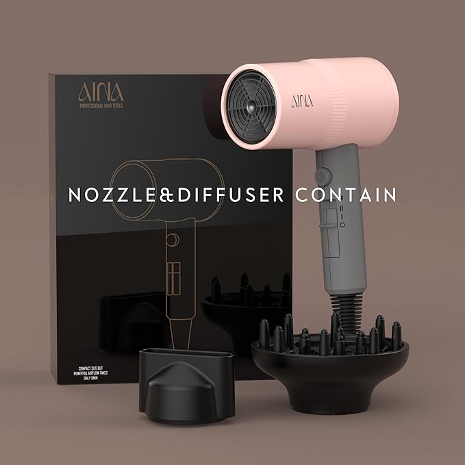 AINA Hair Dryer with Diffuser, Blow Dryer for Women | Advanced Ionic Technology, Ceramic Coating | Cold Shot Features Turbo Heat for Fast Drying and Shine 110V/ALCI (Misty Blush)