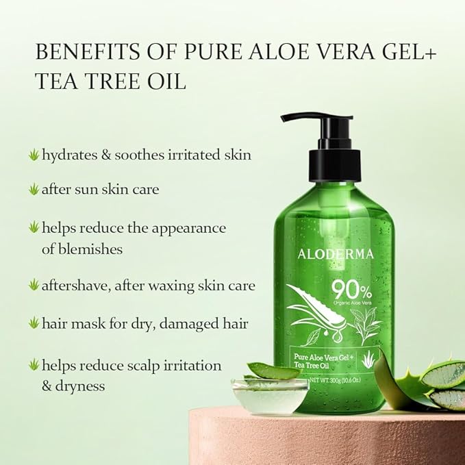 Aloderma Aloe Vera Gel + Tea Tree Oil, Made with Refreshing Organic Aloe for After Sun Skin Care, Multipurpose Use for Hair and Scalp, and Face or as a Shaving Gel or Aftershave - 10.6Oz x 3btls