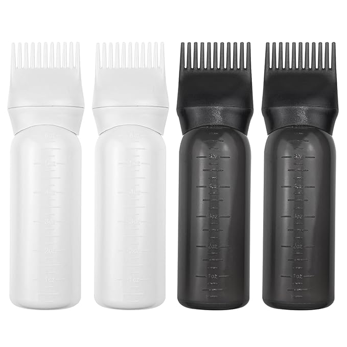 ELANE 4 Pack Root Comb Applicator Bottle,Oil Comb Applicator for Hair Dye Shampoos Hair Salons (2 Black + 2 White)