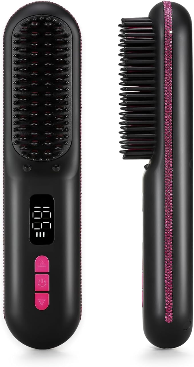 Hair Straightener Brush, Portable Cordless Mini Straightening Brush for Travel, Negative Ion Hot Comb Hair Straightener with 9 Temps for Women, Anti-Scald Ceramic, Fast Charge