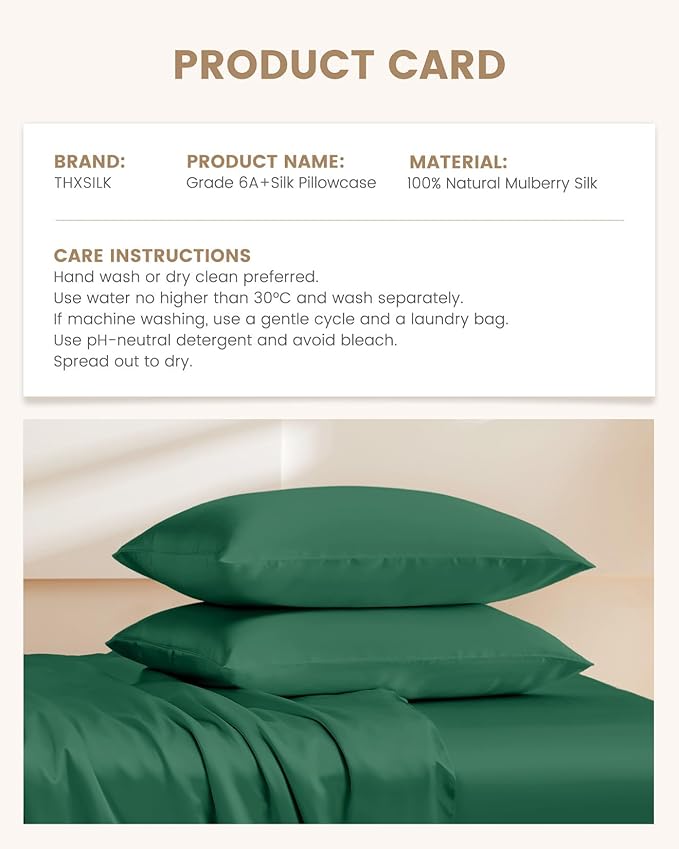 THXSILK 100% Pure Mulberry Silk Pillowcase for Hair and Skin, 6A+ Grade Silk Pillow Case Queen Size 20"x30", Real Silk Pillowcase with Zipper, Anti Aging Acne Free (Emerald Green)