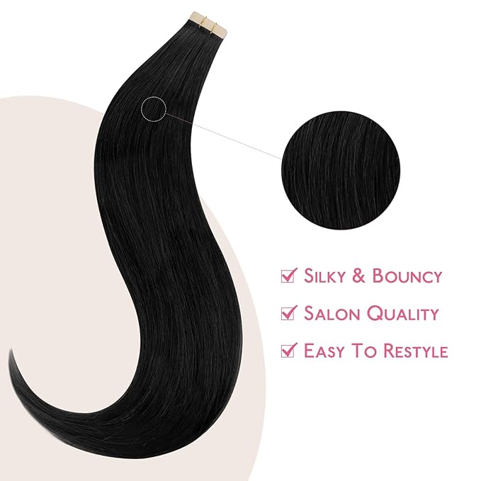 Wennalife Tape in Hair Extensions Human Hair Jet Black Tape in Extensions, 10pcs 20g 10 inch Remy Invisible Tape Ins Straight Colored Soft Real Human Hair Tape in Extensions Refill Set Extensions