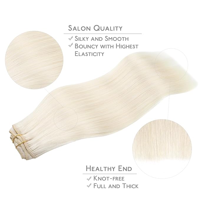 WENNALIFE Clip in Hair Extensions, 14 Inch 120g 7pcs Real Human Hair, White Blonde Remy Hair Extensions Clip Ins Double Weft