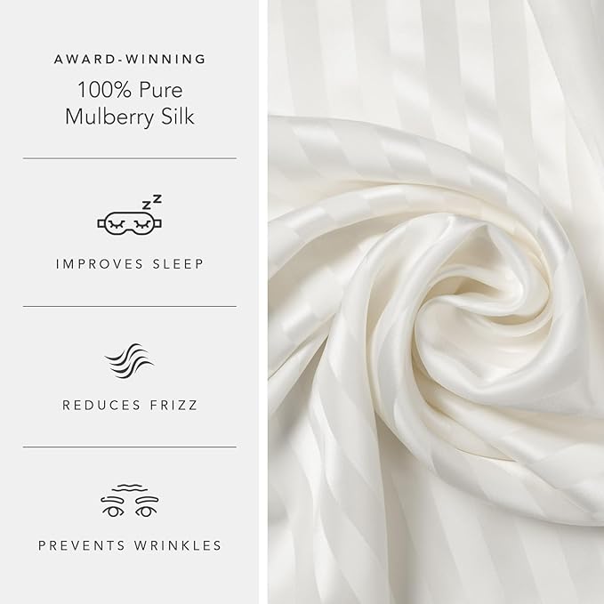 Fishers Finery 25mm 100% Pure Mulberry Silk Pillowcase Set (White Stripe Queen 2 Pack)