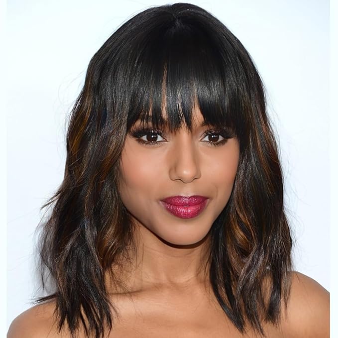 AISI HAIR Wavy Bob Wigs with Bangs for Women Black Mixed Brown Color Short Wavy Bob Curly Wig Synthetic Natural Looking Heat Resistant Fiber Hair for Women
