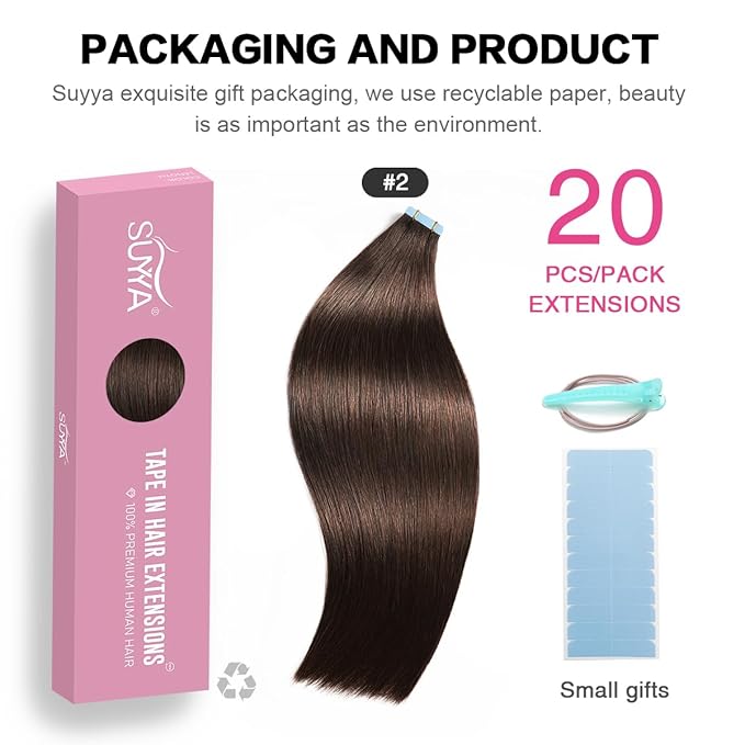 SUYYA Tape in Hair Extensions Human Hair 100% Remy Human Hair Darkest Brown 50g/pack 20pcs Straight Seamless Skin Weft Tape in Human Hair Extensions(24 inches #2 Darkest Brown)