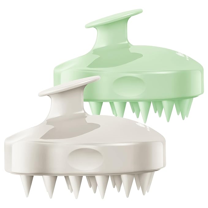 HEETA Scalp Massager Shampoo Brush 2 Pack, Soft Silicone Bristles to Remove Dandruff, Waterproof Scrubber for Wet Dry Hair, Suitable for Men & Women (Light Beige&Green)