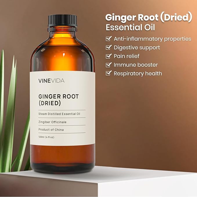VINEVIDA Dried Ginger Root Essential Oil 4 oz - Undiluted Ginger Root Oil 4 oz - Ginger Root Candle Oil Scent - DIY Candle Scents for Candlemaking - Bulk Essential Oil for Soap Making Safe for Skin