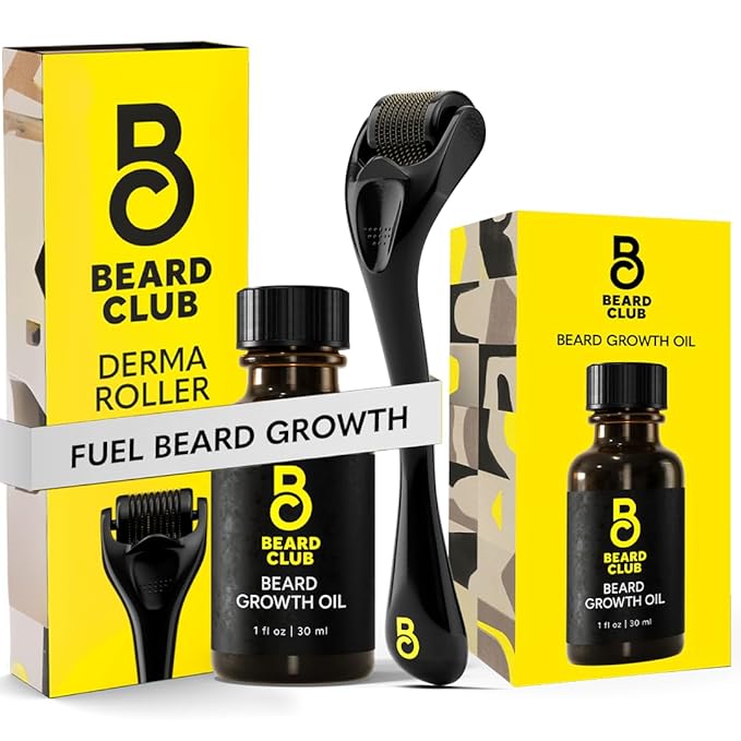 Beard Club Derma Roller & Beard Growth Oil - Microneedling Roller with 540 Titanium Coated Microneedles & Cedar, Sandalwood Beard Oil