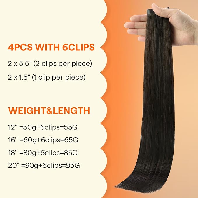 Full Shine Seamless Clip in Hair Extensions, Dark Brown Invisible Hair Extensions Clip in, PU Skin Weft for Thin Hair Add Volume Thinning Hair Extension for Women, Real Human Hair 4Pcs 18inch 85g