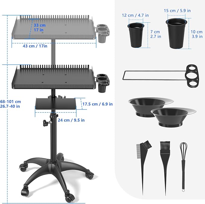 ZHOOGE Hairstylist Rolling Cart, Salon Trolley With Storage Platform and Hair Separator Stand, Coloring Tray With Dye Bowls and Tools, Black