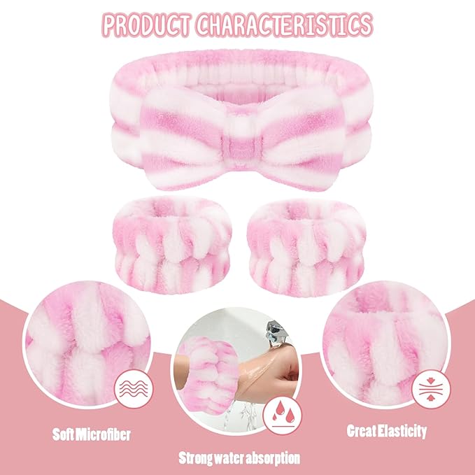 Face Wash Headband and Wristband Set - Microfiber Wristbands with Holder for Face Washing, Spa, Absorbent Wrist Scrunchies