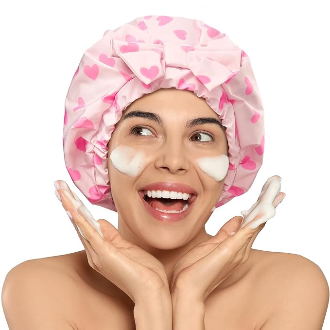 LitBear Luxury Silk Lined Shower Caps for Women Reusable Waterproof, Double Layered Large Bathing Hair Cap with Adjustable Elastic Strap, Non-slip, Quick-dry, for Long Short Hair, Pink Heart