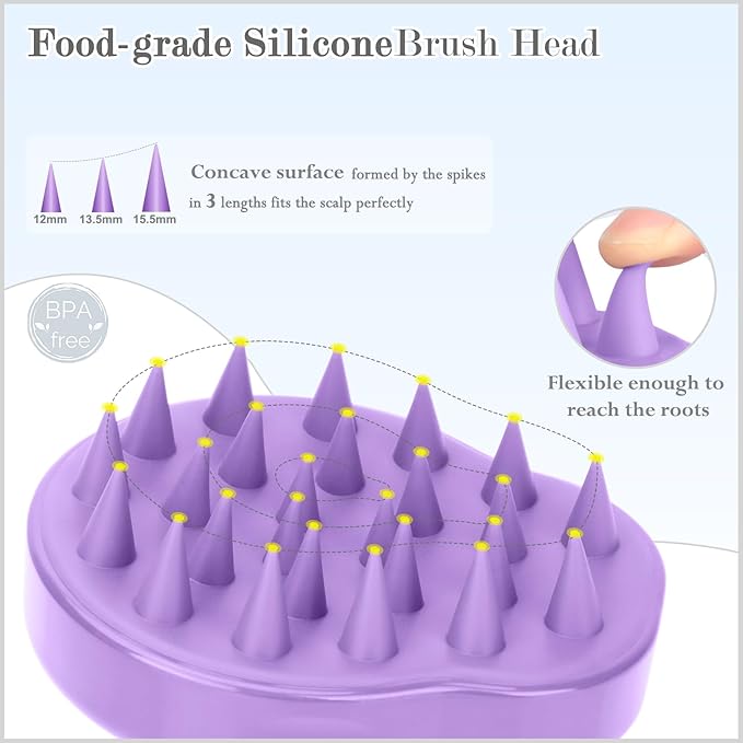 FREATECH Hair Scalp Massager Shampoo Brush with Soft Silicone Bristles for Scalp Care and Hair Growth, Shower Head Scalp Scrubber Exfoliator for Dandruff, Wet & Dry for Men, Women and Kids, Purple