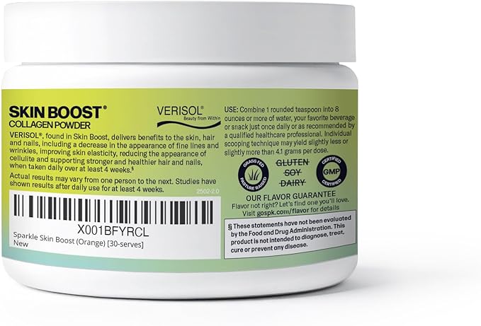 Sparkle Wellness VERISOL Bioactive Hydrolyzed Collagen Peptides | Collagen Powder Supplement with Vitamin C for Skin, Hair & Nail Health | Skin Boost (Orange) [30-Serves]