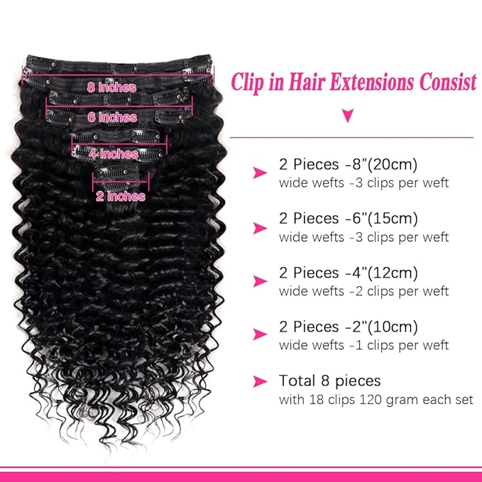 Deep Wave Clip in Hair Extensions Real Human Hair Brazilian Virgin Human Hair Clip in Extensions for Black Women 8Pcs Remy Hair with 18Clips 120g (26inch, Natural Black)
