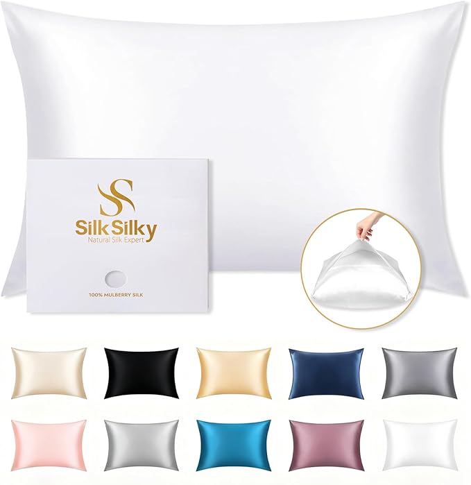 SilkSilky 100% Mulberry Silk Pillowcase - Pure 22 Momme High-Grade 6A Fibers for Hair & Skin, Envelope Closure, Natural, Organic, Breathable & Cooling Pillow Case (Queen, White)