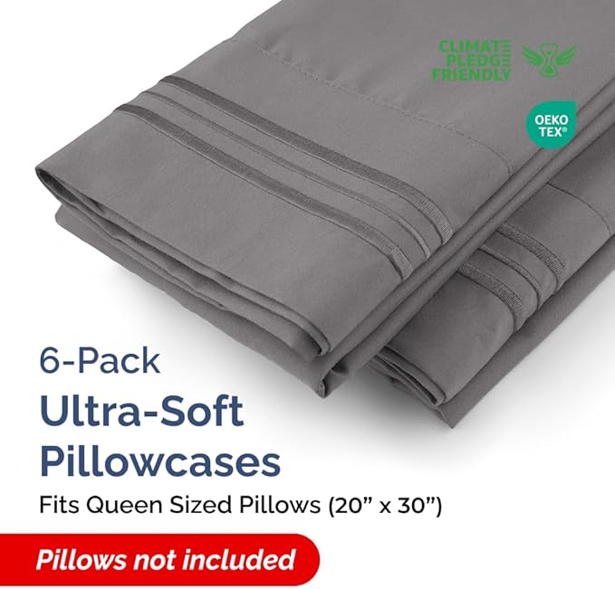 Queen Pillow Cases Set of 6 - Ultra Soft Hotel Quality Pillowcase Covers - Comfy, Cozy & Wrinkle Free - Shrink, Stain and Fade Resistant - Machine Washable Pillow Protectors - 6 Piece Set - Dark Grey