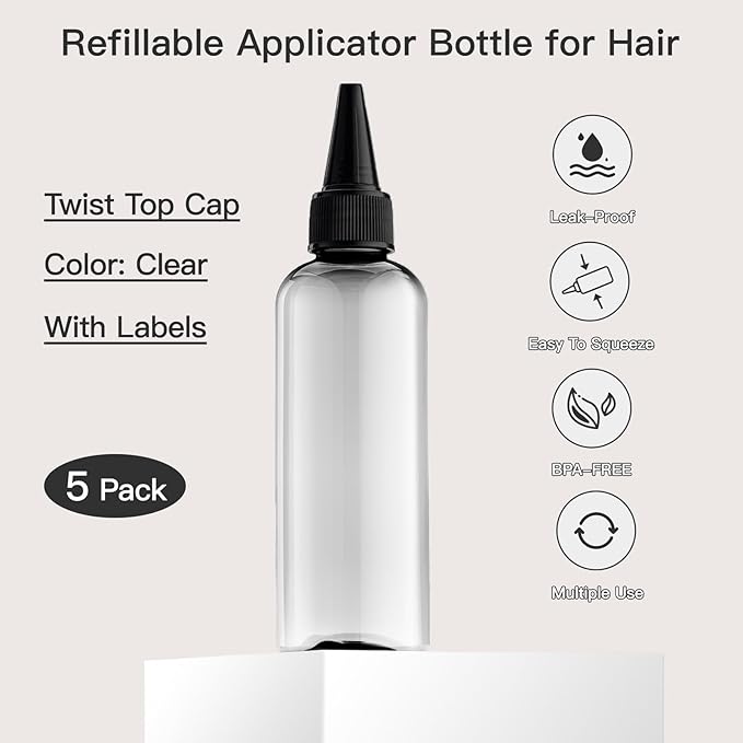 Tekson Hair Color Applicator Bottles, 5 Pack Refillable Squeeze Bottle, Empty Plastic Twist Top Cap Bottles (3.4 OZ, Clear)