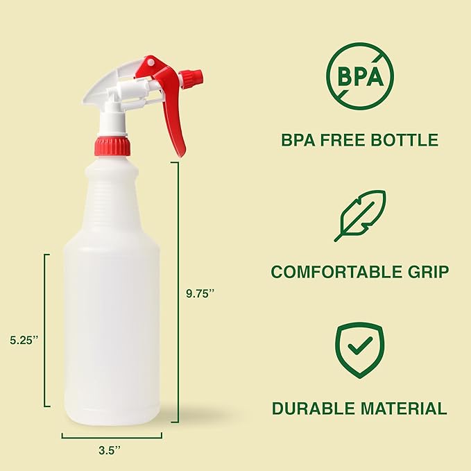 Heavy Duty 32oz Plastic Spray Bottles for Cleaning - Large Empty Industrial Bottles for Gardening Solutions, Vinegar, Chemicals, Professional Cleaners - Adjustable Sprayer Nozzle - Red 2 Pack