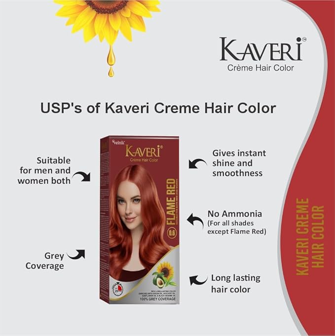 Kaveri Creme Hair Color Permanent Hair Dye Color - With Improved Creme Formula for Gray Coverage Ammonia Free Hair Color Dye for Rich Bright Long lasting (Flame Red, 3.04 Fl Oz) - Pack Of 3