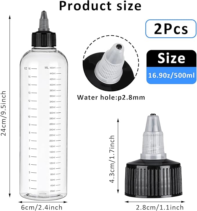 16.9oz Applicator Bottle for Hair, 2 PCS Twist-On Top Tip Cap Hair Color Bottle Applicator for Hairs with Graduated Scale, Clear Squeeze Bottles Plastic Hairs Dye Bottles, Hair-Oiling Container, 500ml