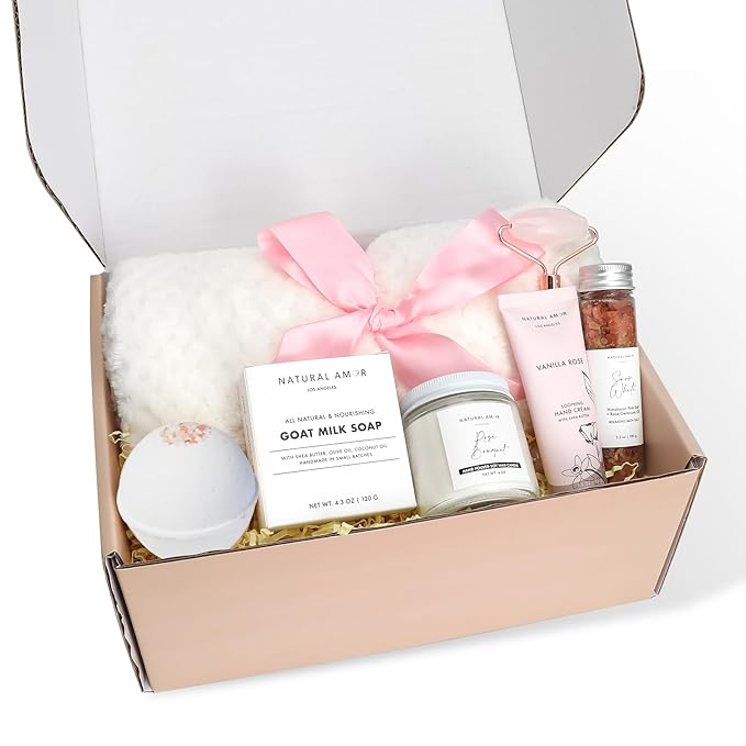 Natural Amor Spa Gift Set with Blanket 7 PCs– Handmade Bath & Body Self-Care Box – Includes Bath Bomb, Candle, Soap, Hand Cream – Perfect for Relaxation & Gifting