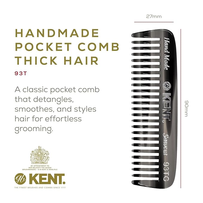 Kent 93T Black Graphite Wide Tooth Men's Comb, for Mustache and Beard ideal for Facial Hair, Small Pocket Sized Travel Detangler Comb, Saw-Cut Hand polished Made in England