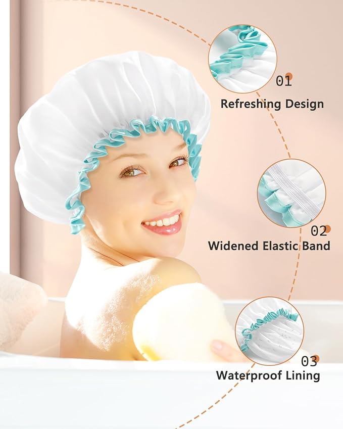 mikimini White Shower Cap for Long Hair 1 Pack, 12 inch large size,Waterproof Washable Hair Caps for Women and Girls, Super Cute and Extra Large