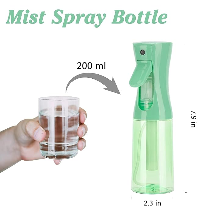 Spray Bottle for Hair (6.8OZ /200ML) Continuous Ultra Fine Mist Sprayer for Hair, Salons, Barber, Plants, Skin Care, Cleaning 2 Pack CLEAR GREEN