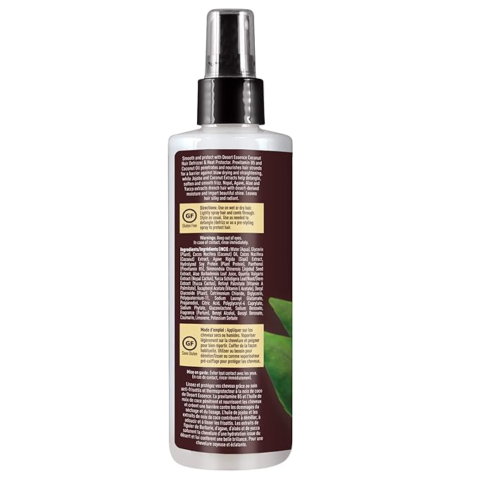 Desert Essence Coconut Hair Defrizzer & Heat Protector 8 fl oz - Gluten Free, Vegan, Cruelty Free - Coconut Oil & Jojoba Seed Extract - Protects Hair from Heat & Styling Damage