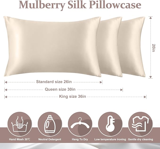 2 Pack 100% Pure Silk Pillowcase for Hair and Skin, Both Sides Mulberry Silk Pillowcases with Hidden Zipper, Cooling Pillowcase 19 Momme, 600 Thread Silk Pillow Cases Standard Size, Beige