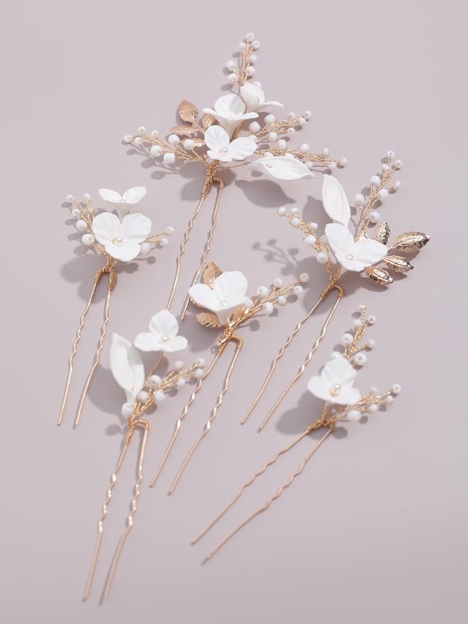 Beads Pearl Hair Pins, 6 Pcs Bridal Handmade White 3D Pinch Flower Fairy Bride Wedding Hair Pieces Leaf U Shaped Hair Accessories Headpiece Bridesmaids Women Girls Gold