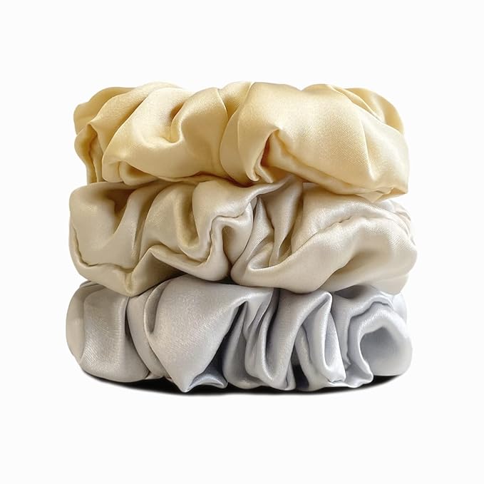 Suncdelv Silk,100% Silk Scrunchies for Hair,22 Momme Hair Ties for Anti-Crease & Breakage,Natural Women Hair Accessories，Fashion Hairbands 3PCS（Grey, gold, khaki））)