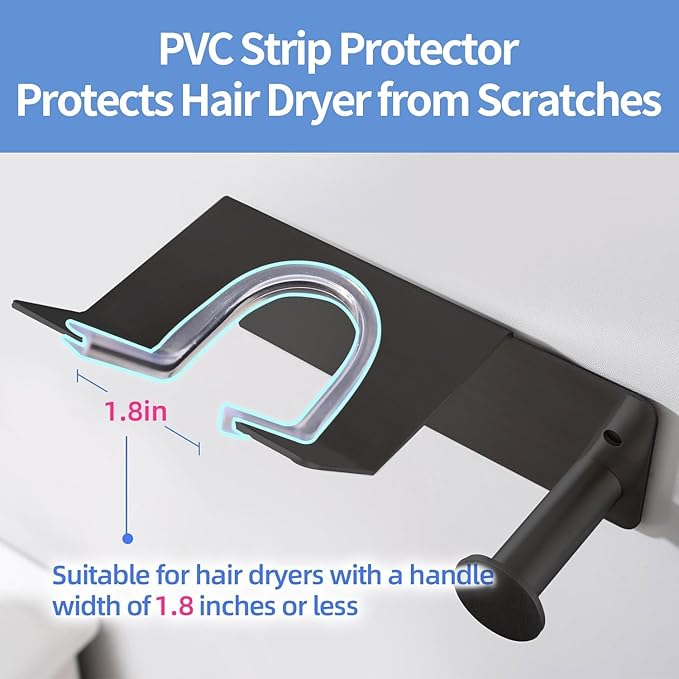 Hair Dryer Holder, Dyson Hair Dryer Holder, Blow Dryer Holder with Cord Hook SUS304 Stainless Steel Wall Mount, Self Adhesive/Screw Space Saving Hairdryer Holder for Bathroom Black Ptalseaw