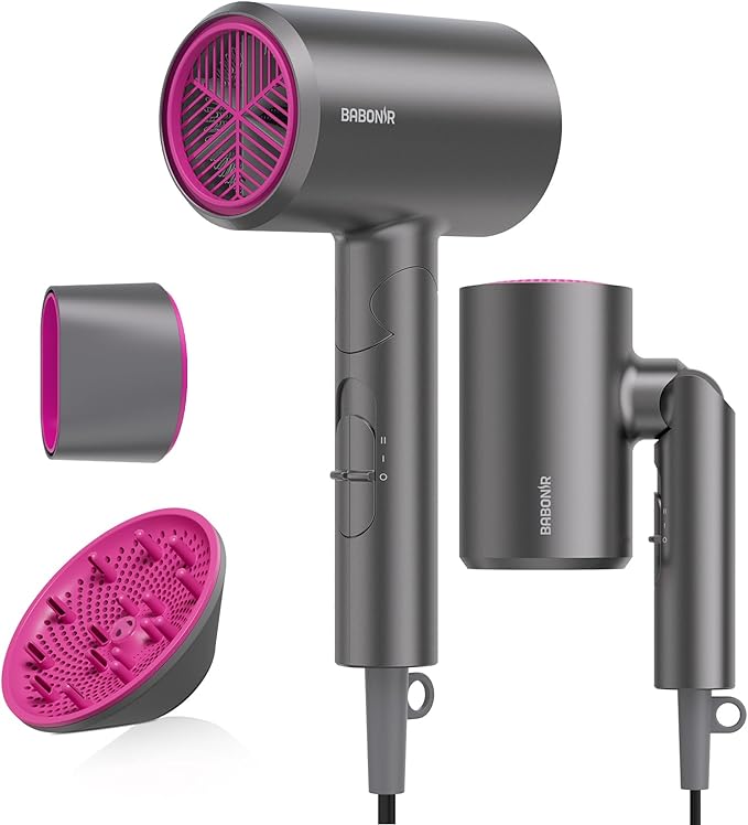 Ionic Hair Dryer, 1875W Fast Drying Blow Dryer with Diffuser and Concentrator Nozzle, Foldable Design, Negative Ion Hairdryer, 3 Heat 2 Speed Settings, Lightweight for Home & Travel, Gray