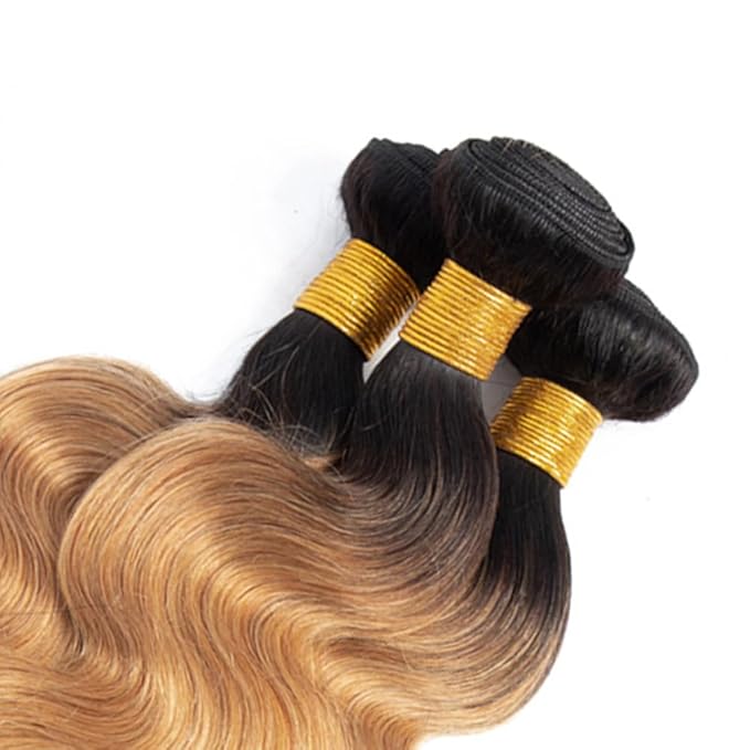 1b/27 Human Hair Bundles Ombre Blonde Body Wave Bundle Brazilian Virgin Remy Hair 3 Bundles 16 18 20 Inch 2 Tone Honey Blonde and Black Bundle Double Weft Hair Weave 150g