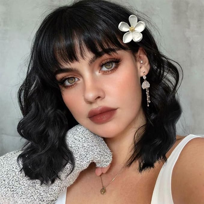 NOBLE Black Bob Curly Wavy Wig with Bangs for Women, Natural, Heat Resistant Synthetic Fiber Wig for Daily Party Cosplay Costume